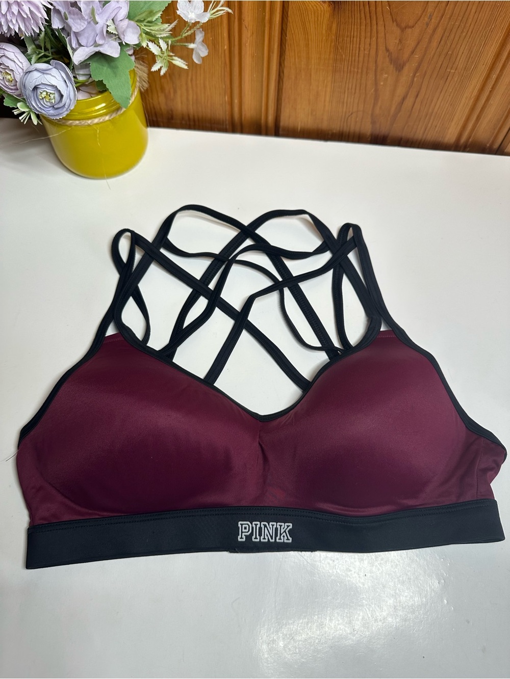 PINK Victoria's Secret Burgundy & Black Strappy Sports Bra